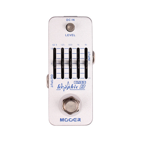Compact white bass effects pedal with five vertical sliders for EQ settings, labeled frequencies from 62.5 to 4k, and a metal footswitch at the bottom.