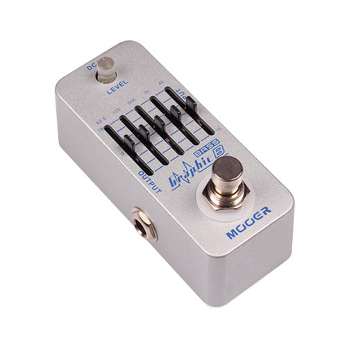 Silver Mooer effects pedal with five slider controls, one knob, an on/off footswitch, and input/output jacks on the sides.