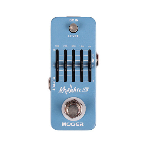 Blue effects pedal with five vertical sliders labeled by frequency, one footswitch, and input/output jacks on the sides. Brand name Mooer.