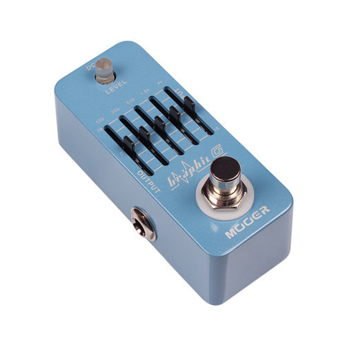Light blue Mooer effects pedal with five black slider controls, a large metallic footswitch, and input-output jacks on each side.