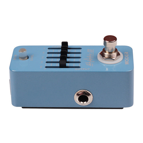 Light blue effects pedal with seven black slider controls, a round footswitch, and a single output jack on the side.