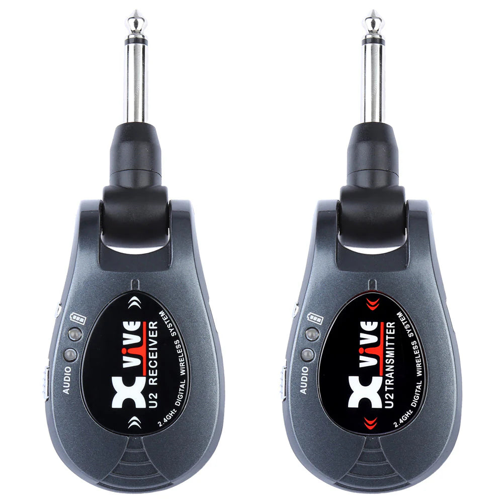Two black wireless transmitters with 1/4-inch audio plugs, labeled “U2 Receiver” and “U2 Transmitter,” each with indicator lights and buttons.