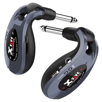 Two compact Xvive U2 wireless transmitters with 1/4-inch plugs, labeled “receiver” and “transmitter,” feature buttons, switches, and LED indicators.