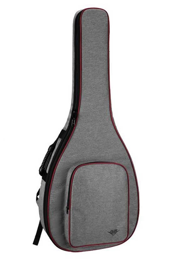 A padded gray acoustic guitar case with red piping, a front zippered pocket, and side handle for carrying.
