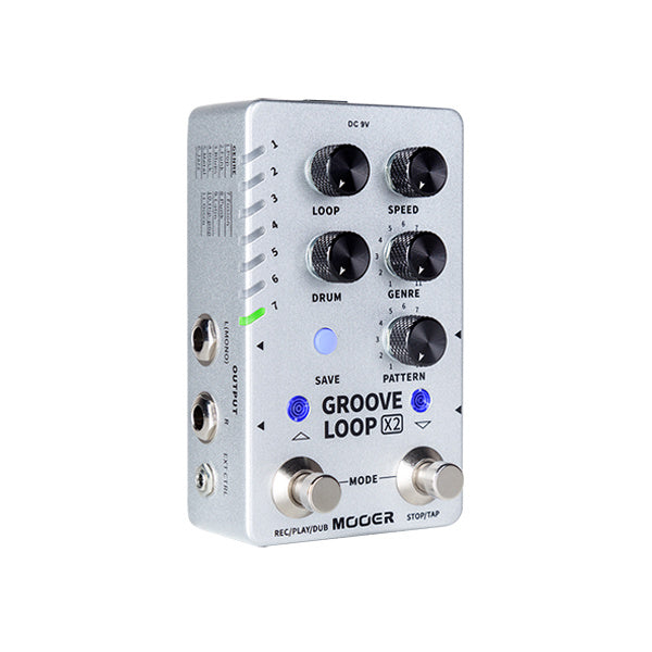Silver rectangular effects pedal with six black control knobs, two footswitches, multiple labeled input/output jacks, and blue LED indicators on top.