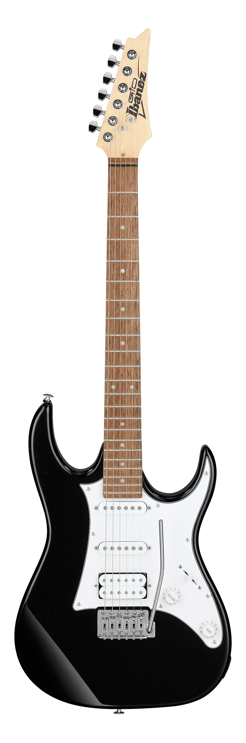 Black Ibanez electric guitar with white pickguard, six strings, three pickups, chrome tuning pegs, and a whammy bar.