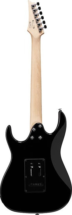 Black electric guitar shown from the back, featuring a natural wood neck and a rectangular electronics cover plate on the body.
