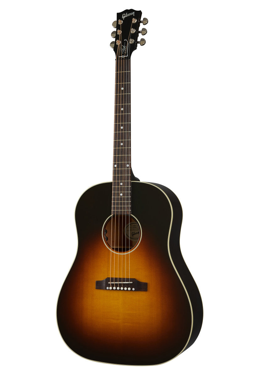 Gibson acoustic guitar with a dark sunburst finish, rounded shoulders, six strings, white trim around the body, and pearl dot fretboard inlays.