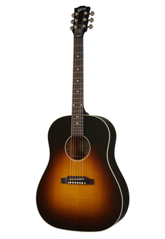 Gibson acoustic guitar with a dark sunburst finish, rounded shoulders, six strings, white trim around the body, and pearl dot fretboard inlays.