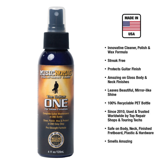 MusicNomad The Guitar ONE spray, 4oz bottle, cleans, polishes, and protects glossy guitar finishes; streak-free, recyclable, made in USA.