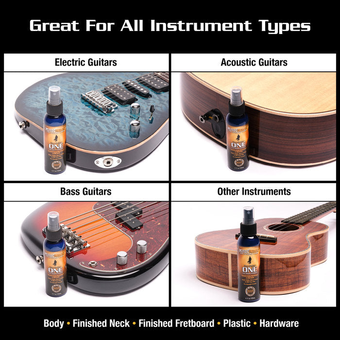 Spray cleaning product shown beside electric guitar, acoustic guitar, bass guitar, and another string instrument, suitable for body, fretboard, plastic, hardware.