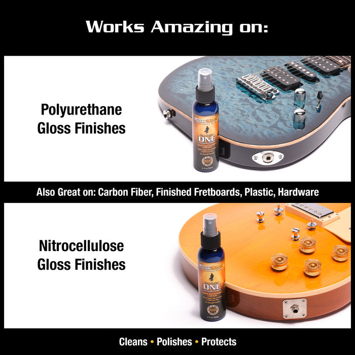 Cleaning spray bottles placed on electric guitars show it's suitable for polyurethane and nitrocellulose gloss finishes, plus carbon fiber, plastic, hardware.