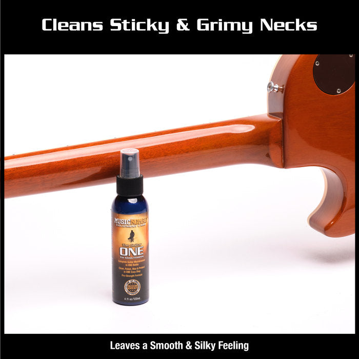 A bottle of MusicNomad guitar cleaning spray stands in front of a polished guitar neck, highlighting its use for cleaning and maintaining instruments.