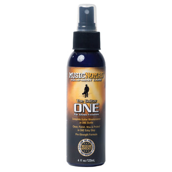 Flacon spray de 120 ml pour nettoyer, polir et protéger les guitares à finition brillante. Étiquette jaune avec silhouette de guitariste.