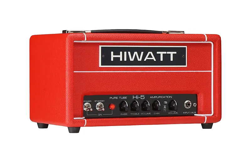Bright red Hiwatt Hi-5 guitar amplifier head with black control panel, labeled knobs, power switches, and a white outlined front.