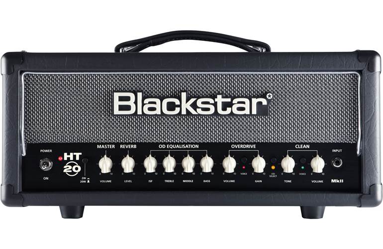 Blackstar guitar amplifier head with control knobs for volume, reverb, EQ, overdrive, clean, and input jack on the front panel.