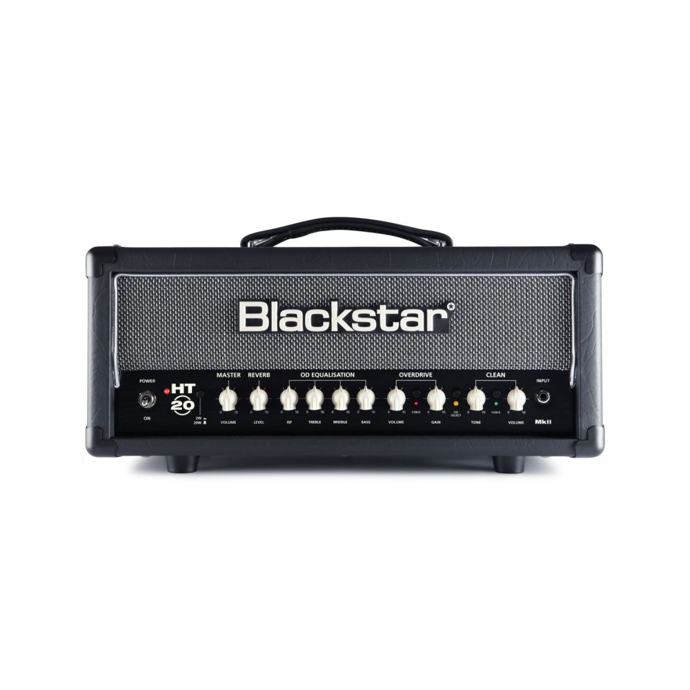 Blackstar HT-20 MkII amplifier head with black casing, silver mesh front, large logo, top handle, and a row of control knobs and switches.
