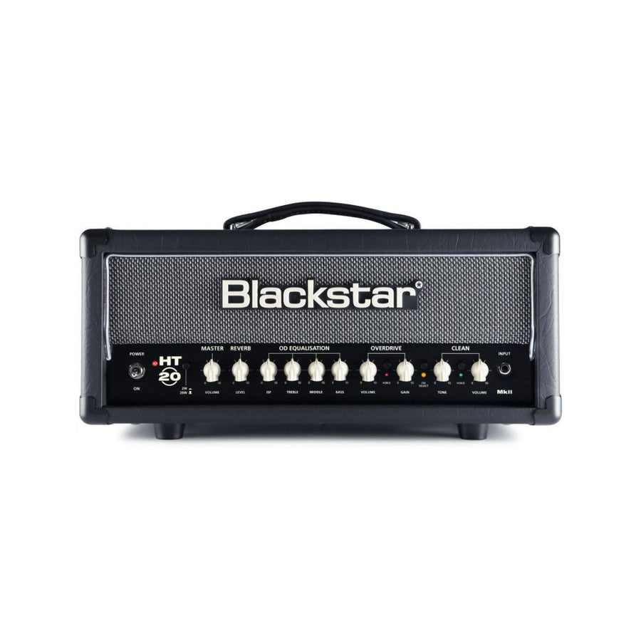 Blackstar HT-20 MkII amplifier head with black casing, silver mesh front, large logo, top handle, and a row of control knobs and switches.