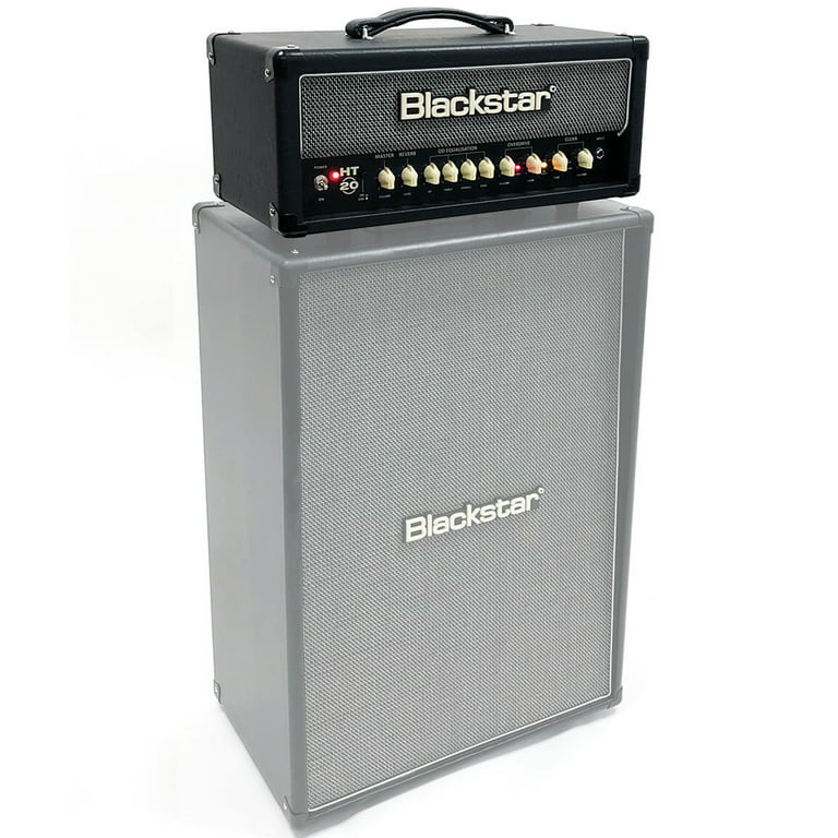 Blackstar amplifier head with control knobs and switches sits on top of a large matching Blackstar speaker cabinet with a silver grille.