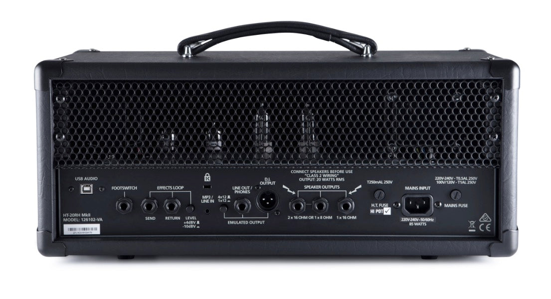 Black amplifier head rear panel with handle, showing multiple input/output jacks, speaker outputs, fuse holders, power input, and visible tubes behind a mesh.