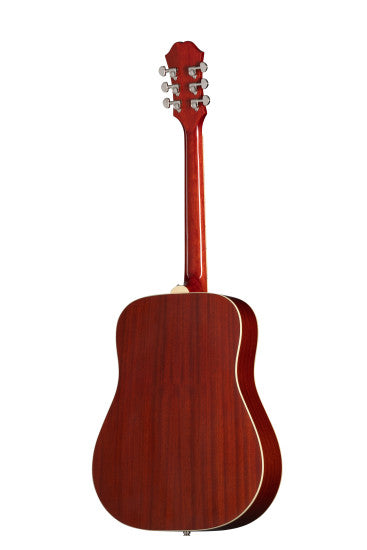 Acoustic guitar shown from the back, featuring a glossy dark wood finish and six tuning pegs visible on the headstock.