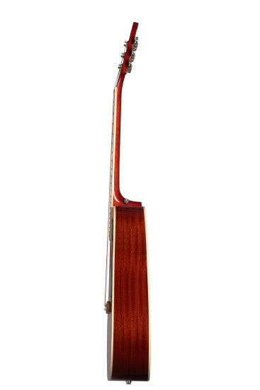 Acoustic guitar shown from the side, highlighting its glossy wooden body, neck, and tuning pegs, with strings visible along the edge.