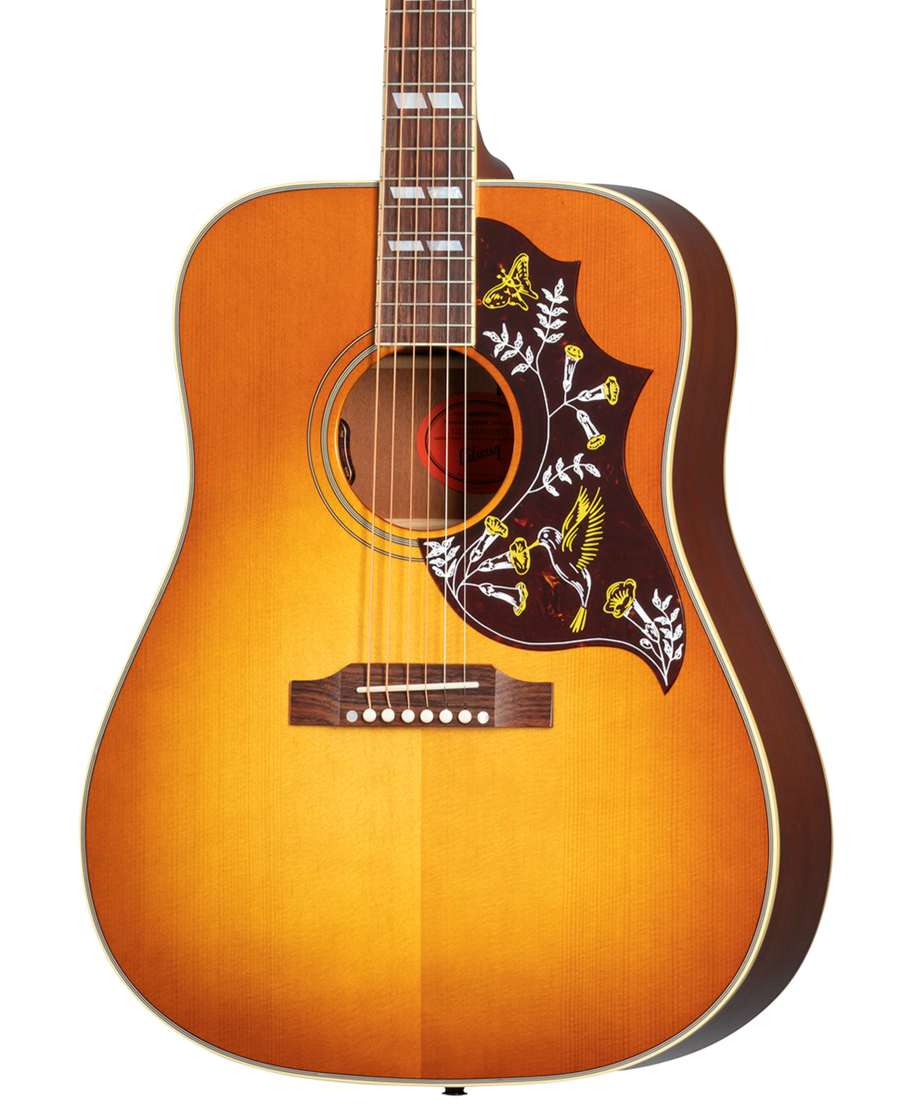 Sunburst acoustic guitar with a large pickguard featuring colorful hummingbird and flower designs.