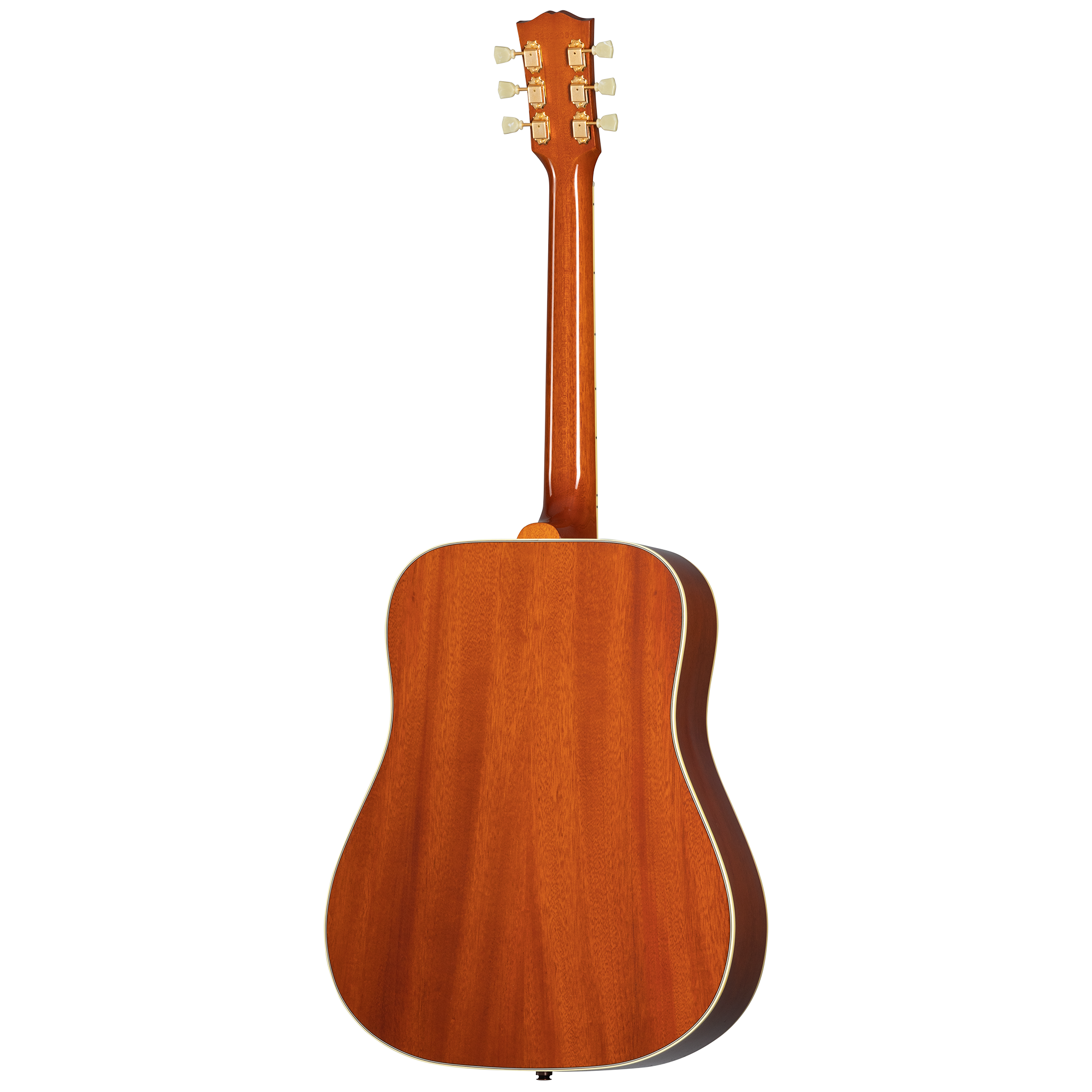The back view of a wooden acoustic guitar with a rich brown finish, gold tuning pegs, and a classic dreadnought body shape.