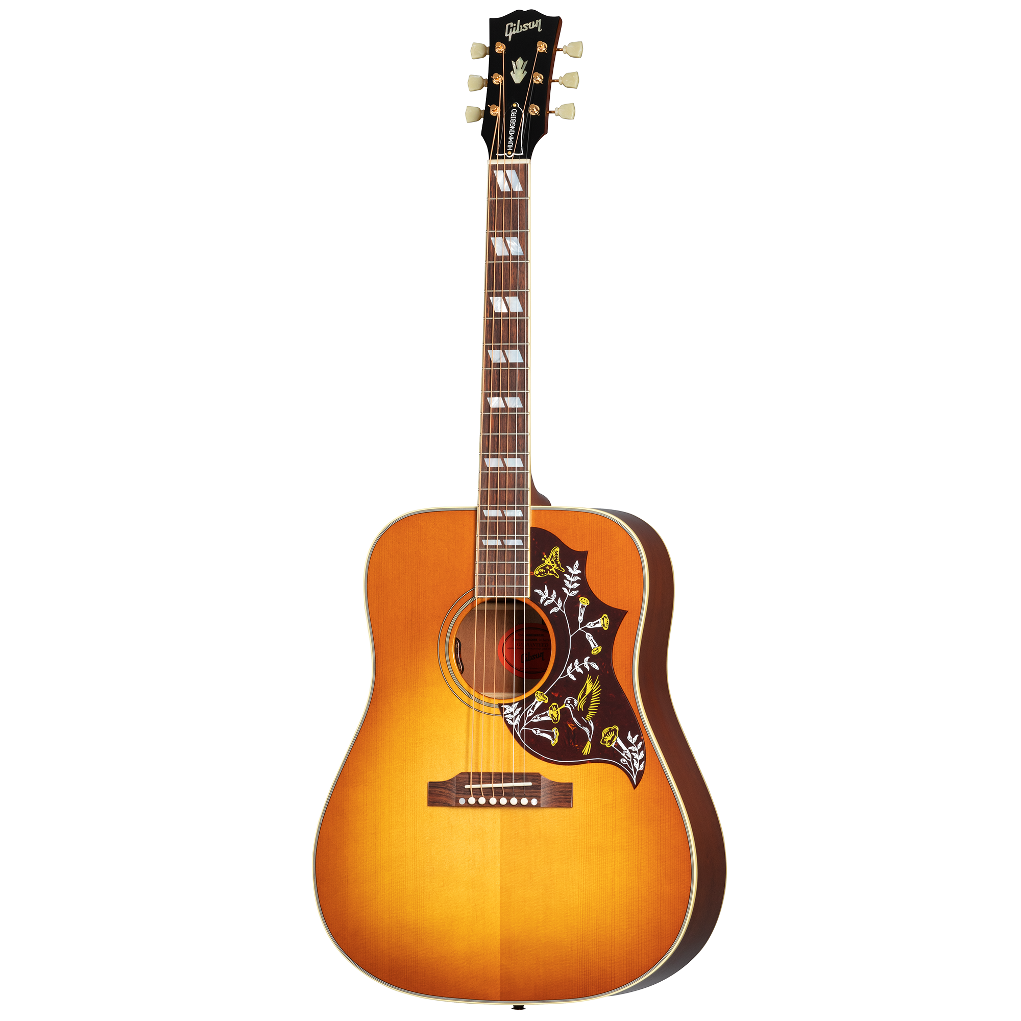 Sunburst acoustic guitar with a floral and bird design on the pickguard, square inlays on the neck, and gold tuning pegs.