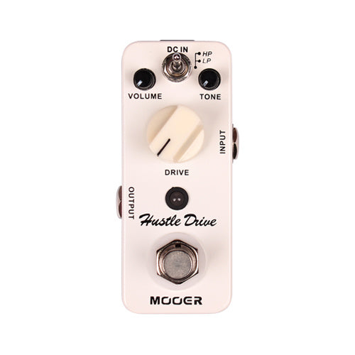 White Mooer Hustle Drive effects pedal with one large drive knob, two small volume and tone knobs, mini toggle switch, footswitch, input and output jacks.
