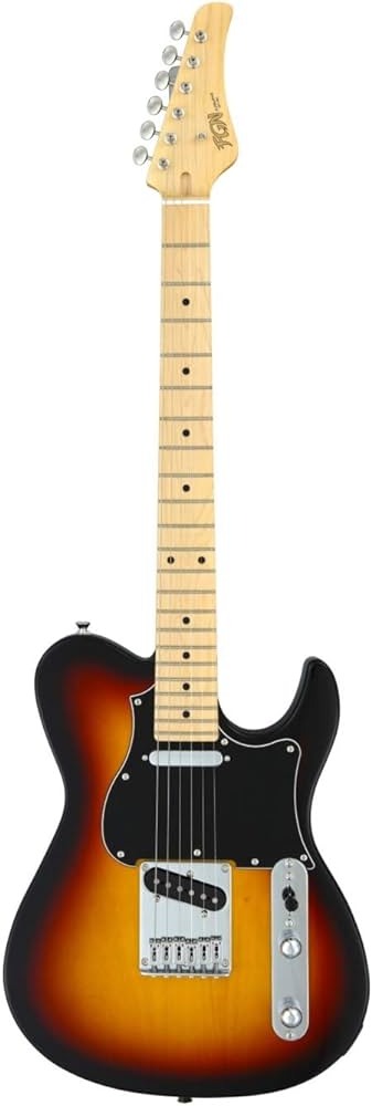 Sunburst electric guitar with a black pickguard, light maple neck, chrome hardware, two pickups, and six tuning pegs.