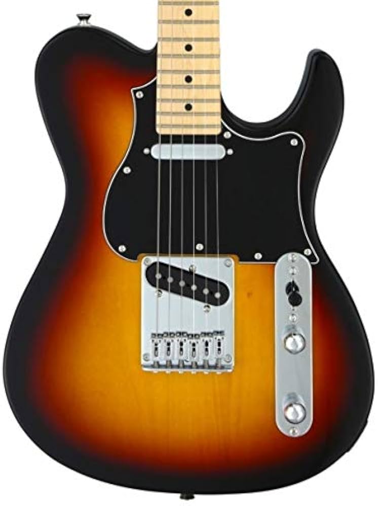 Sunburst electric guitar with black pickguard, maple neck, chrome bridge, two pickups, and two control knobs.