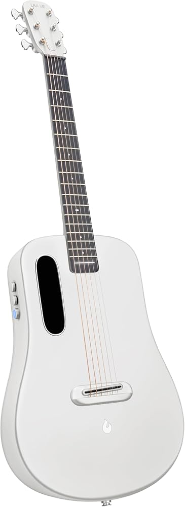 White acoustic guitar with six strings, oval sound hole on the upper left, and control buttons on the side of the body.