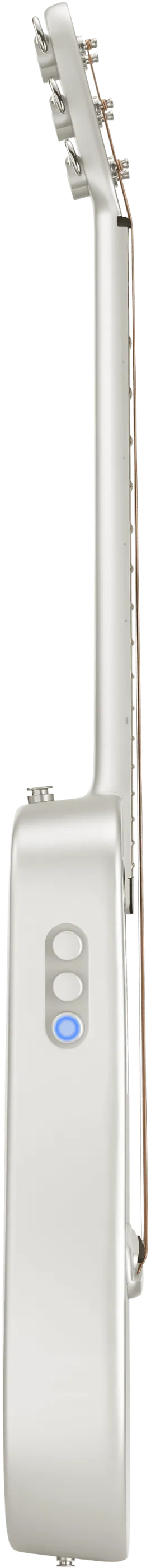 Side view of a white acoustic guitar showing tuning pegs, neck, strings, and three circular control buttons on its body with one illuminated blue.