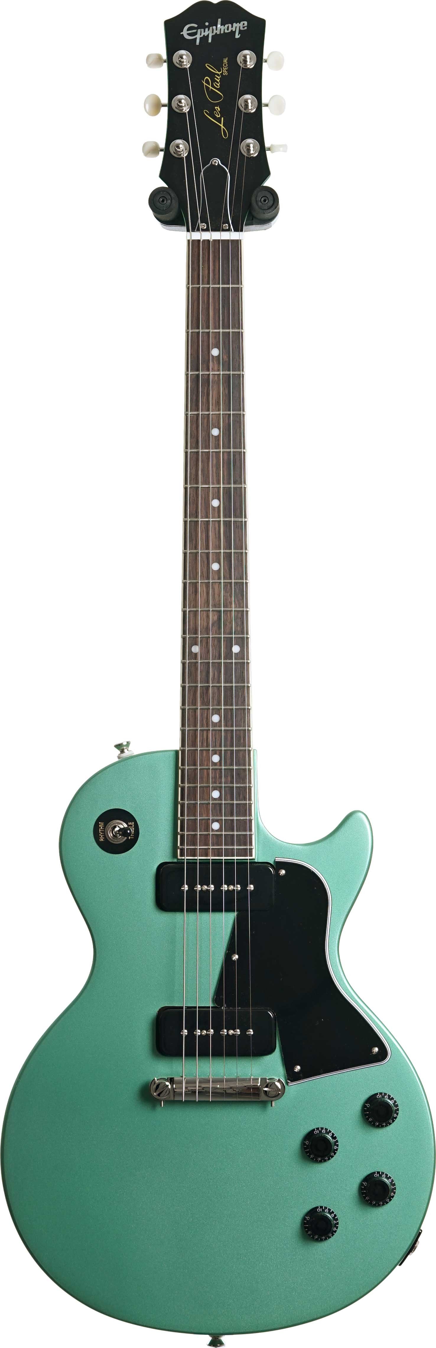 Epiphone Les Paul electric guitar in metallic green with black pickups, four black control knobs, and a black pickguard.