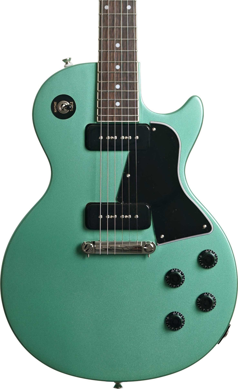 Metallic green electric guitar with two black pickups, black pickguard, four black control knobs, and a toggle switch near the top left.
