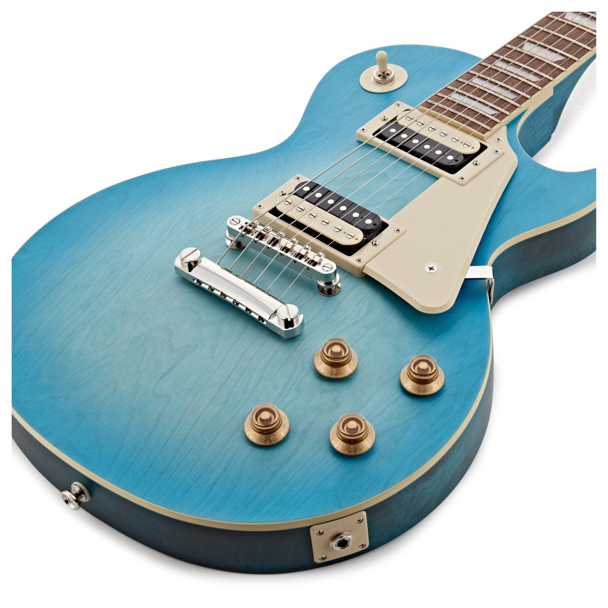 Blue electric guitar with cream pickguard, four gold control knobs, two humbucker pickups, and a chrome bridge.