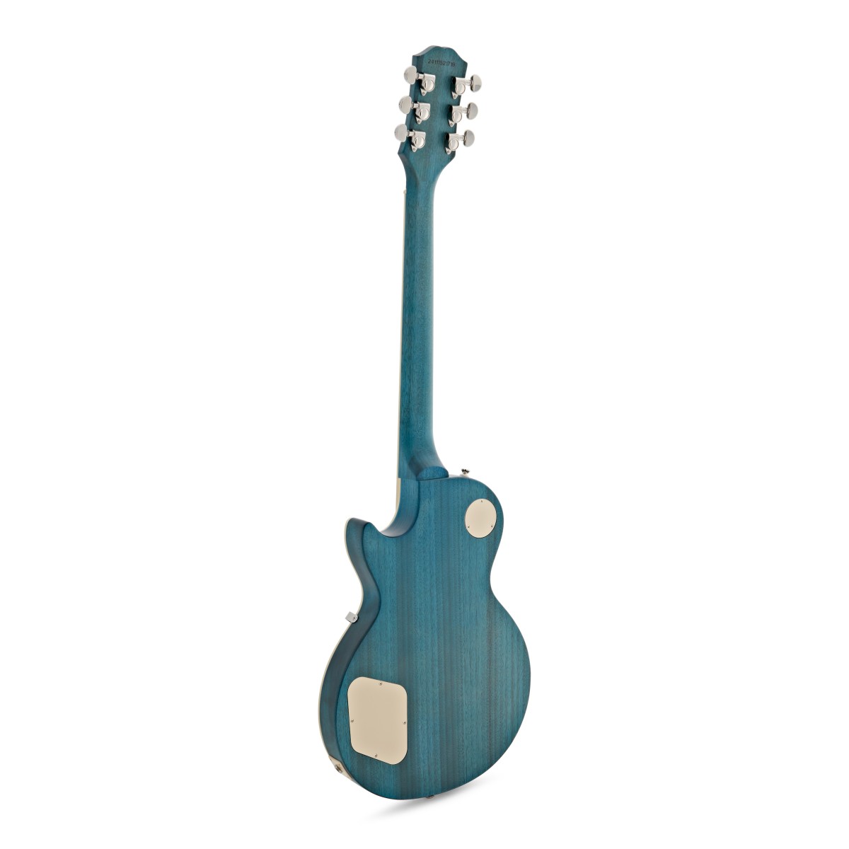 Blue electric guitar viewed from the back, showing a single-cutaway body with two cream-colored plastic access panels and chrome tuning pegs.