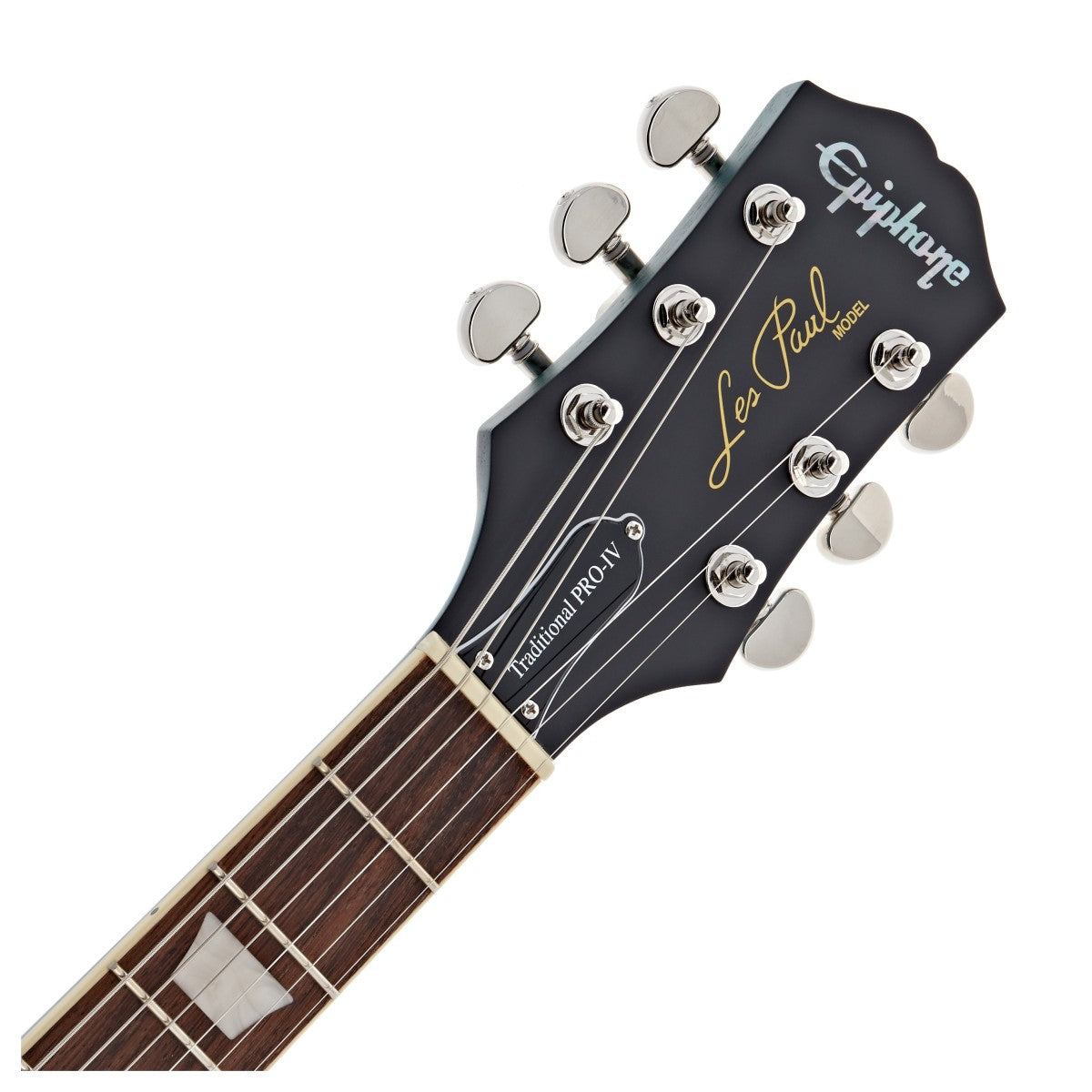 Close-up of an Epiphone Les Paul electric guitar headstock with six tuning pegs, model name, and "Traditional PRO-IV" label visible.