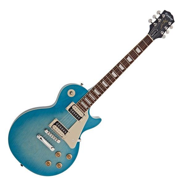 Blue electric guitar with a single-cutaway body, cream pickguard, two humbucker pickups, four control knobs, and a rosewood fretboard.