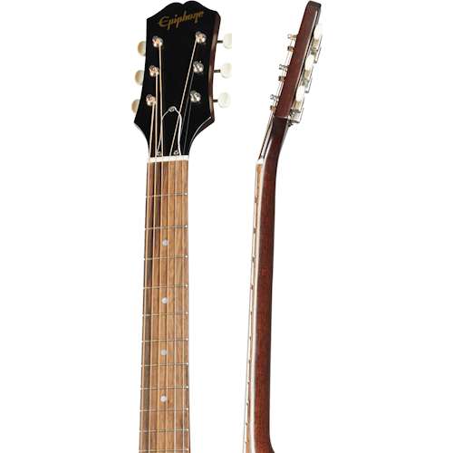 Epiphone acoustic guitar neck and headstock shown from front and side, with six tuning pegs and a rosewood fretboard.