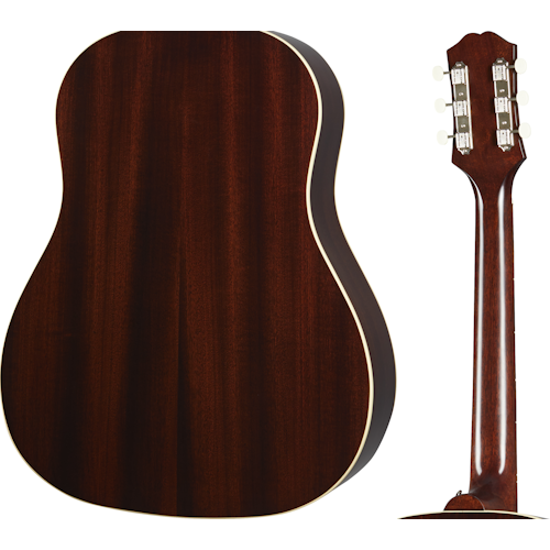Dark brown acoustic guitar shown from the back and side, displaying a glossy wooden finish and cream binding around the body edges.