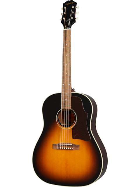 Sunburst acoustic guitar with a dark outer edge, lighter center, white trim, six strings, and a brown pickguard on the right side of the body.
