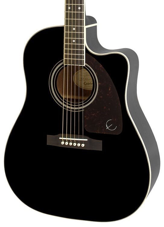 Black acoustic guitar with six strings, cutaway body, white trim, and a dark pickguard featuring a small "E" logo in the lower right corner.