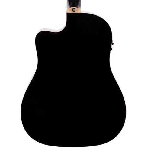 Black acoustic guitar shown from the back, highlighting its glossy finish and cutaway design near the neck joint.