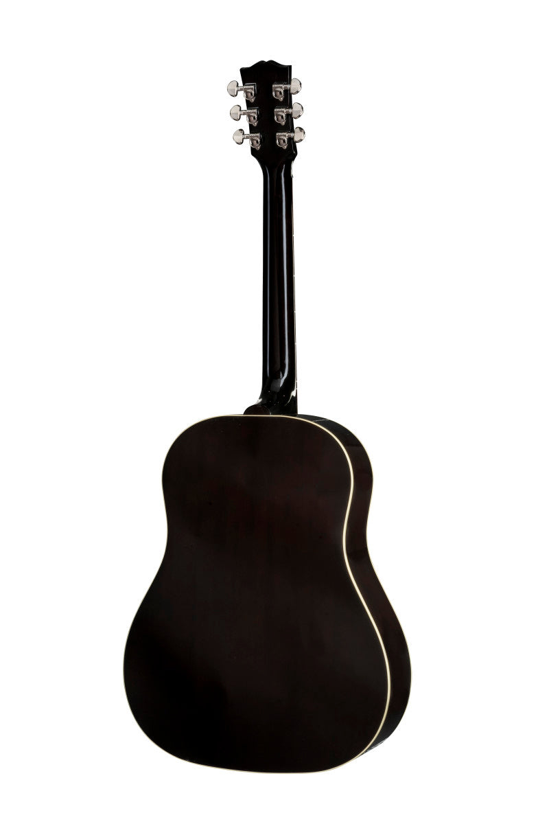 Rear view of a dark brown acoustic guitar showing the back, neck, and silver tuning pegs, with cream-colored edge binding.
