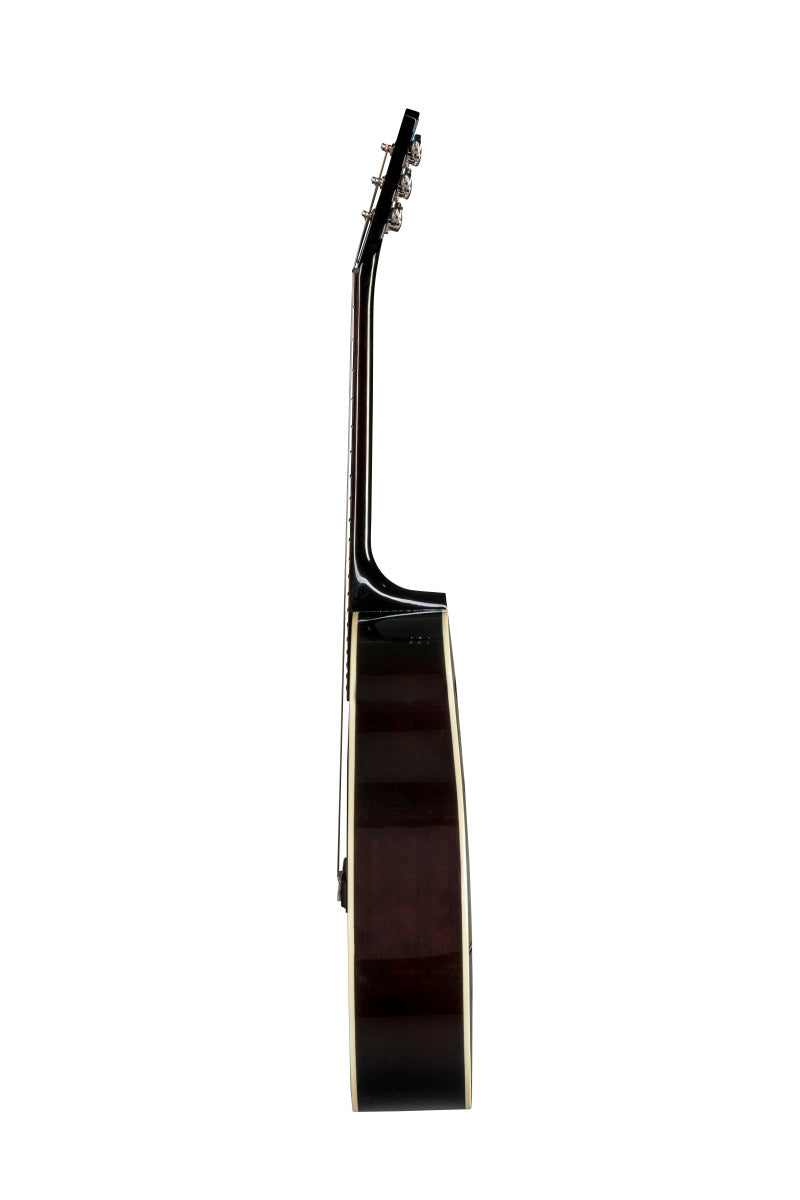 Acoustic guitar viewed from the side, showing a dark brown body, cream-colored edges, and tuning pegs on the headstock.