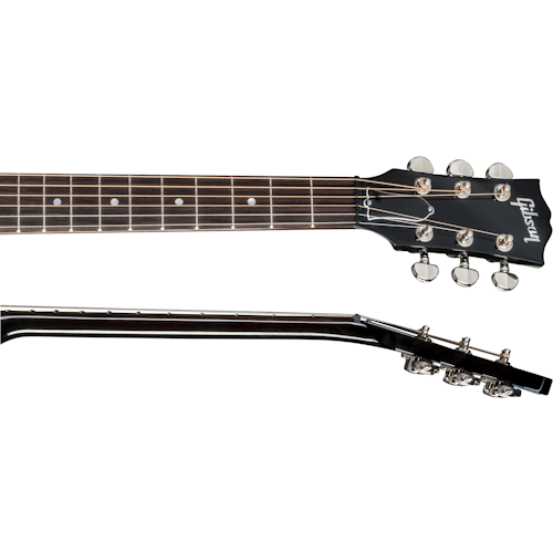 The neck and headstock of a Gibson acoustic guitar, showing tuning pegs, fretboard with dot inlays, and "Gibson" logo on the headstock.