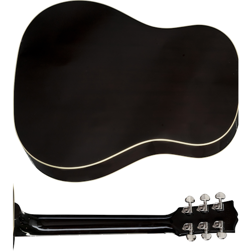 Glossy black acoustic guitar shown from the back, displaying a smooth body, cream-colored trim, and six chrome tuning pegs on the headstock.