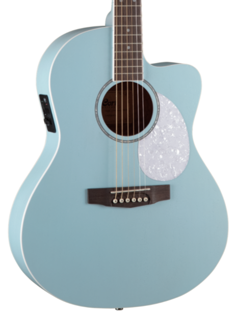 Light blue acoustic guitar with a white pearloid pickguard, wooden bridge, and a circular sound hole. The body has a cutaway design.
